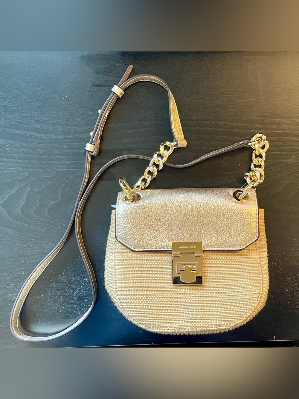 Michael Kors Gold Metallic & Straw Crossbody Bag